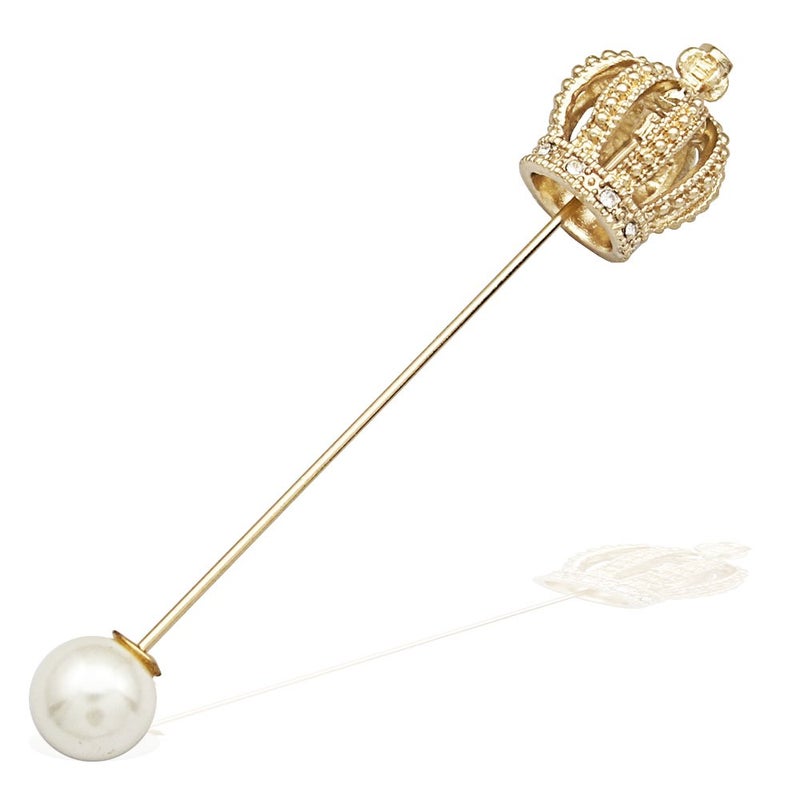 RechicGu Golden Royal Queen Crown Tiara Cross Faux Pearl Lapel Stick Pin Tie Hat Scarf Badge Brooch - Image 1